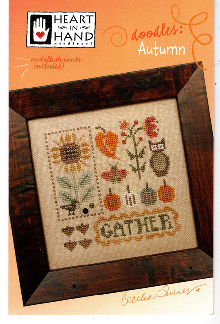 Heart in Hand Doodles Autumn counted cross stitch pattern leaflet with embellishment pack. Cecilia Turner