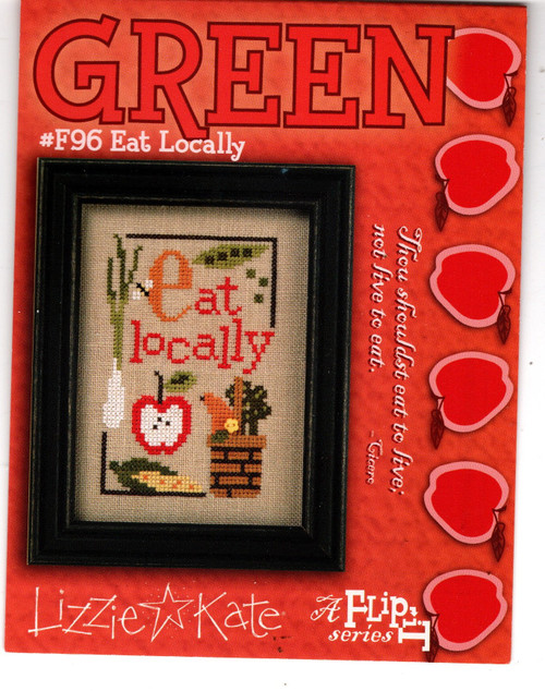 Lizzie Kate Green Eat Locally Flip-It Series #F96 counted cross stitch pattern with button