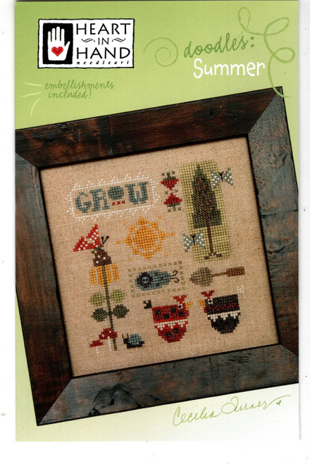 Heart in Hand Doodles Summer counted cross stitch pattern leaflet with embellishment pack. Cecilia Turner