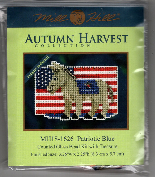 Mill Hill Patriotic Blue Counted Cross Stitch Kit. This kit is from the 2016 Autumn Harvest Collection series. The kit contains Beads, perforated paper, treasure, floss, needles, magnet, chart and instructions