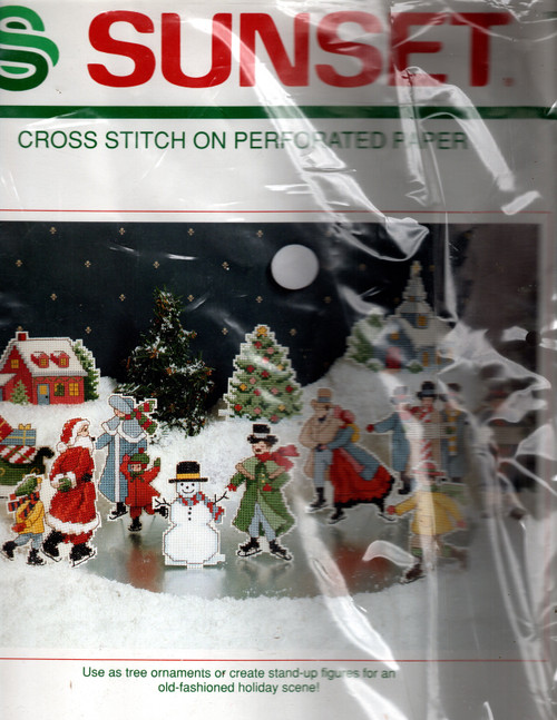 Dimensions Sunset Dickens Figures Ornaments counted cross stitch kit. Karen Marie Zabroski. Kit contains cotton embroidery thread, 14 count white perforated paper, needle and easy instructions. Copyright 1991