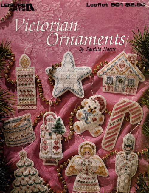 Leisure Arts Victorian Christmas Ornaments  Counted Cross Stitch Pattern leaflet. Angel, Candy Cane, Christmas Tree, Candle, Santa, Teddy Bear, Soldier, Gingerbread House, Star, Drum
