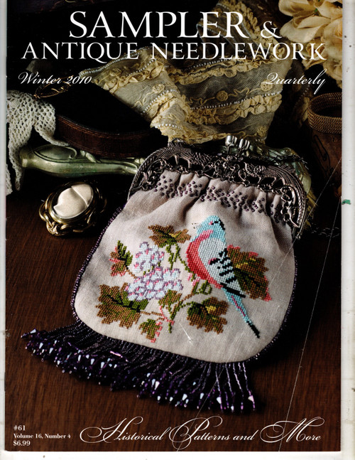 Sampler and Antique Needlework Quarterly Magazine Winter 2010 Volume 16 Number 4 Volume 61 cross stitch magazine. 1877 Ellen Pimm Pin Keep, 1847 Ellen O'Brien Sampler Purse, Liberty Sampler, 1836 Mary Hannah Gipson Sampler