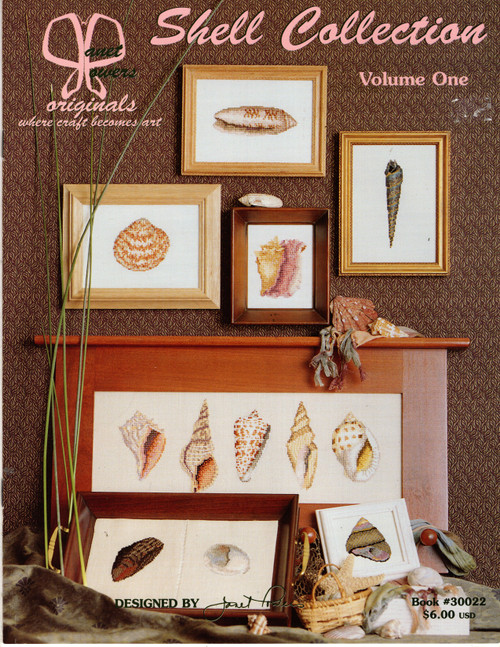 Janet Powers Originals Shell Collection Volume One counted cross stitch leaflet. Tegula Shell, Slipper, Salle's Auger, Trumpet, Mussel, Knobbed Whelk, Cockle, Scotch Bonnet, Cone Shell, Carpenter's Turrid, Conch, Lettered Olive