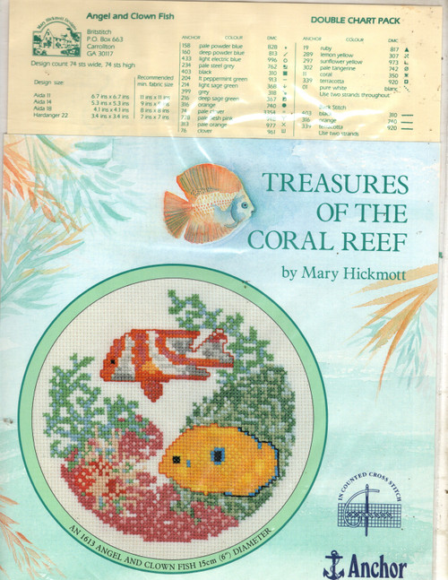 Anchor Treasures of the Coral Reef counted cross stitch pattern chartpack. Mary Hickmott. Wrasse, Angel and Clown Fish