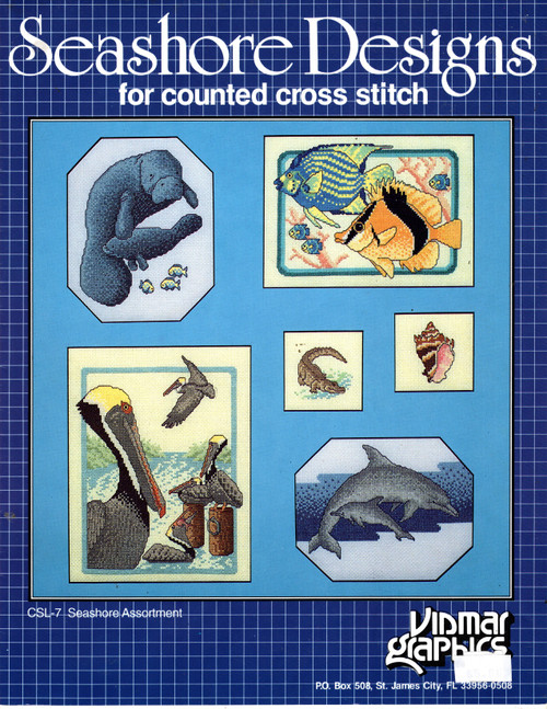 Vidmar Graphics Seashore Designs for counted cross stitch leaflet. Tropical Fish, Dolphins, Pelican Group, Crown Conch, Alligator, Manatees