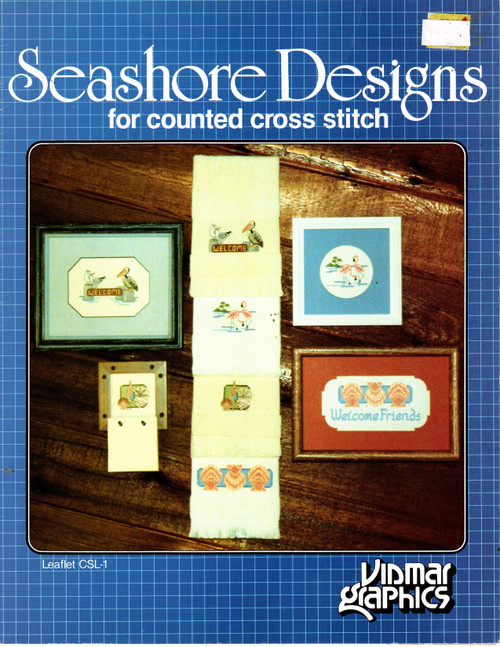 Vidmar Graphics Seashore Designs for counted cross stitch leaflet. Pelican Sea Gull Welcome, Shell Grouping, Wading Flamingos, Welcome Scallops