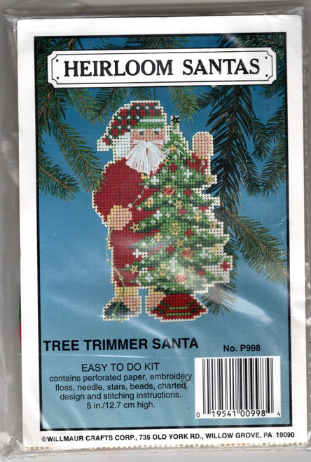 Willmaur HEIRLOOM SANTA Tree Trimmer Santa counted cross stitch perforated paper kit. Kit include perforated paper, thread, charted design, accessories and instructions