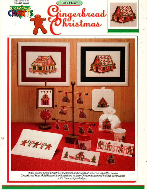 Color Charts Gingerbread Christmas Counted Cross Stitch Pattern booklet. Merry Christmas, Gingerbread Men and Candy Canes, Gingerbread Houses, Gingerbread Christmas, Candlescreen, Ornaments, Potholder, Tissue Box cover