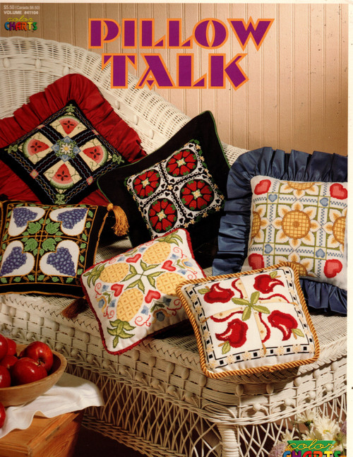 Color Charts Pillow Talk Counted Cross Stitch Pattern booklet. Apple, Grapes, Pineapple, Strawberries, Watermelon Slice, Sunflower