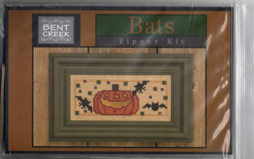 Bent Creek Zippers Bats counted cross stitch pattern kit. Kit includes 18 count linen, threads, chart
