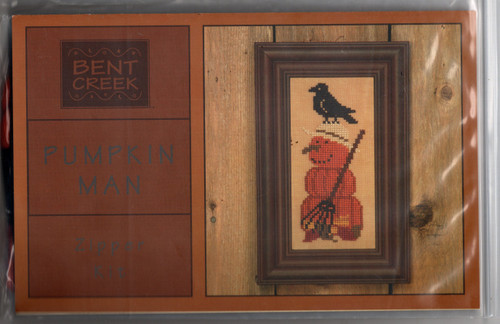 Bent Creek Zippers Pumpkin Man counted cross stitch kit. Kit includes 18 count linen, threads, embellishments, chart