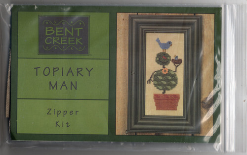 Bent Creek Zippers Topiary Man counted cross stitch kit. Kit includes 18 count linen, threads, embellishments, chart