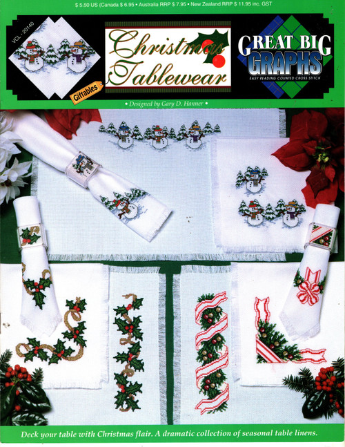 True Colors Christmas Tablewear counted Cross Stitch Pattern booklet. Gary Hanner. Great Big Graphs. Snowman, Holly Leaves, Branches and Ribbons