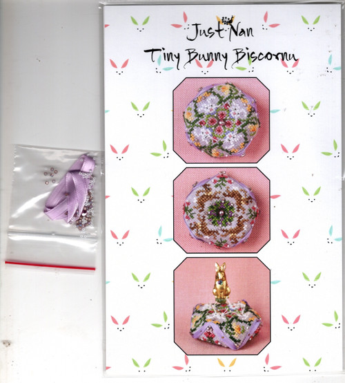 Just Nan Tiny Bunny Biscornu counted cross stitch pattern chartpack with embellishment pack. Nan Caldera.