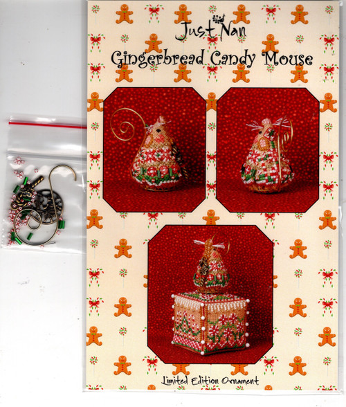 Just Nan Gingerbread Candy Mouse counted cross stitch pattern chartpack with embellishment pack. Limited Edition Ornament. Nan Caldera.