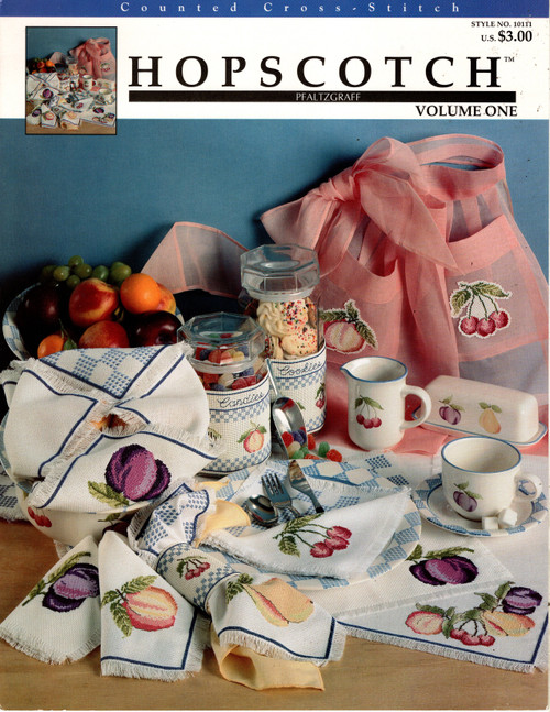 Alida Industries Hopscotch Volume One counted cross stitch leaflet. Pfaltzgraff. Pear, Cherries, Peach, Plum, Fruit border, Fruit Corner, alphabet for personalizaton