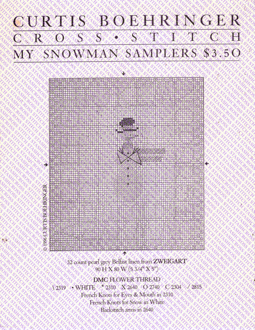 Curtis Boehringer My Snowman Samplers Counted Cross Stitch Pattern leaflet. Two designs