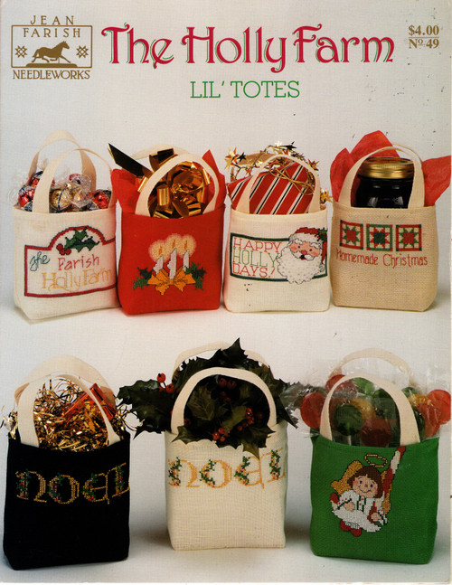 Jean Farish Needleworks The Holly Farm Lil Totes counted cross stitch leaflet. Noel, Santa, Angel, Homemade Christmas, Candles, Holly Farm