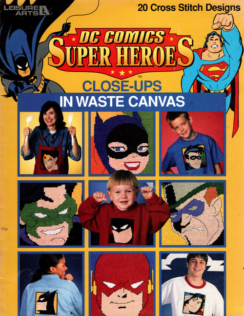 Leisure Arts DC Comics Super Heroes Close Ups in Waste Canvas counted Cross Stitch Pattern booklet. Batman Profile, Batgirl, Robin, Batman, Catwoman, The Penguin, The Riddler, Harley Quinn, The Joker Profile, The Joker, Two-Face, Poison Ivy, Mr Freeze, Superman, Superman Saluting, Wonder Woman, Green Lantern, The Flash, The Atom, Shazam