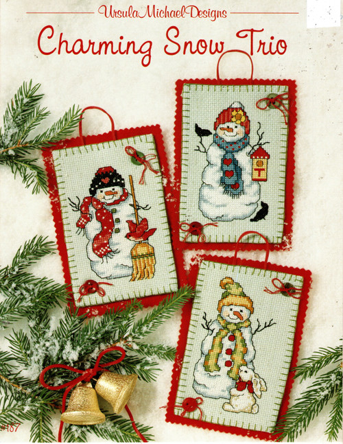Ursula Michaels Designs Charming Snow Trio Counted Cross Stitch Pattern leaflet. Snowman and Bunny, Snowman and Lantern, Snowman and Broom
