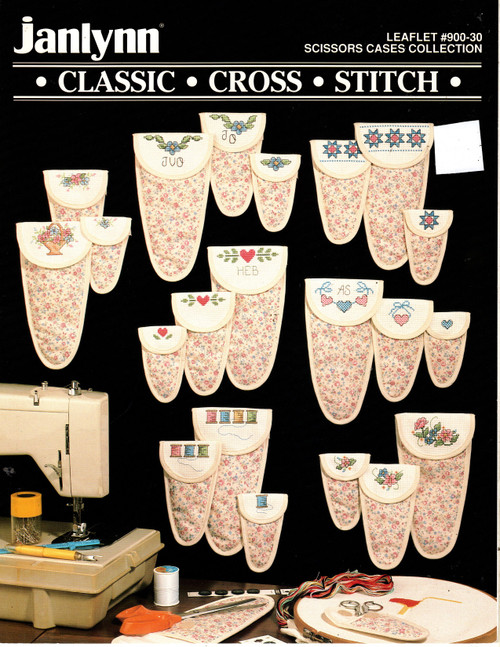 Janlynn Scissors Cases Collection counted cross stitch leaflet. Spools of Thread, Pastel Florals, Hearts, Quilt Block Stars, Flower Basket, Forget-Me-Nots, Heart Strings, alphabet for personalization