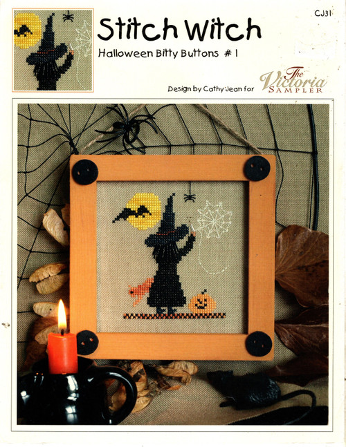 The Victoria Sampler Stitch Witch counted cross stitch chart. Halloween Bitty Buttons #1. Cathy Jean