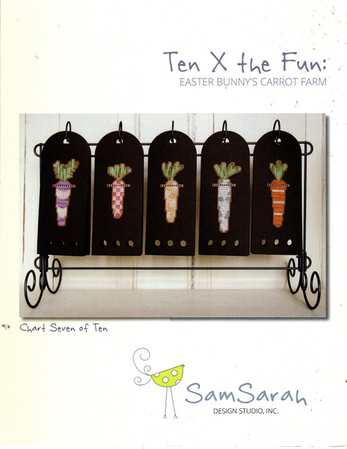 Sam Sarah Design Studio Easter Bunny's Carrot Farm Counted cross stitch pattern leaflet. Ten X the Fun series. Lilac Carrot, Hibiscus Carrot, Honeysuckle Carrot, Aqua Carrot, Daylily Carrot
