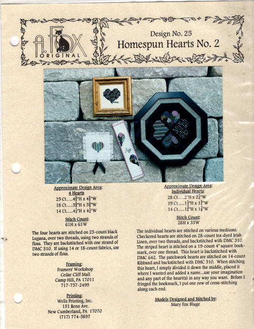 A Fox Original Homespun Hearts no. 2 counted Cross Stitch Pattern chartpack. Mary Fox Bluge
