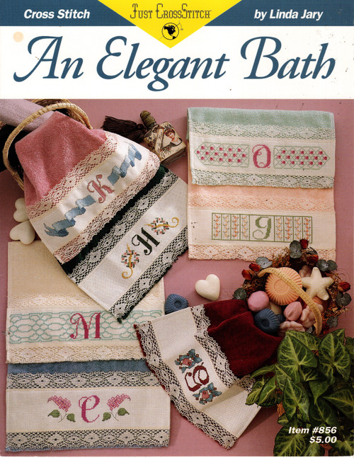 Just Cross Stitch An Elegant Bath Counted Cross Stitch Pattern leaflet. Linda Jary. Elegant Trellis, Elegant Ribbon, Elegant Interwoven Border, Elegant Garland, Rose Wreaths, Elegant Lilacs, Elegant Bows, Alphabet
