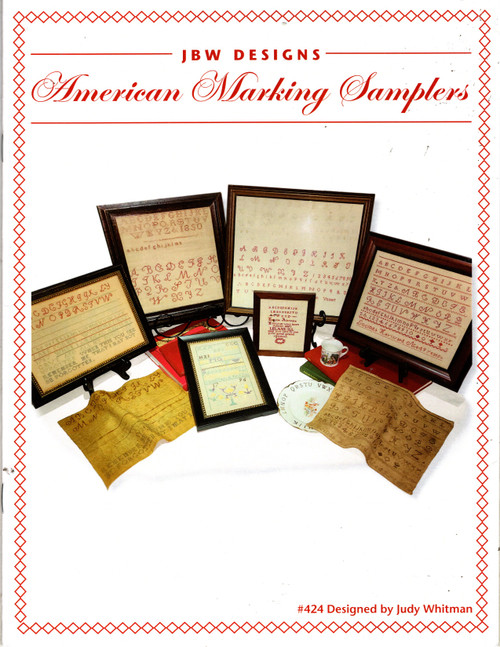 JBW Designs American Marking Samplers Counted Cross Stitch pattern booklet. Judy Whiteman. Jane Forbes Sampler 1787, Mary Wilson Sampler 1787, Lucinda Hayward 1835, Red Marking Sampler 1850, Gracie Alvinna Ericson, Mary Ann Yundt A Pennsylvania Sampler