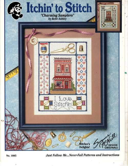Design Original Itchin to Stitch counted cross stitch leaflet. Bette Ashley. Quilt Sampler, I love Stitchin, Scissors Case, Pincushion, Needle Case, Ornament.