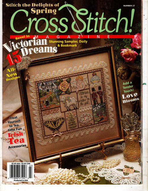 Cross Stitch  Magazine February/March 1995 Number 27. Bluebird Afghan, Love Blooms, Dove Pillow, Husky Joy, Happy Holly Days, Irish Tea, Bowl of Bearies, Chinese Proverb, Victorian Dreams, A Merry Heart