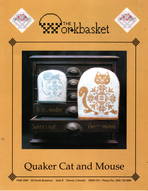 The Workbasket Quaker Cat and Mouse counted Cross Stitch Pattern leaflet. Mary Olson and Candy Scott
