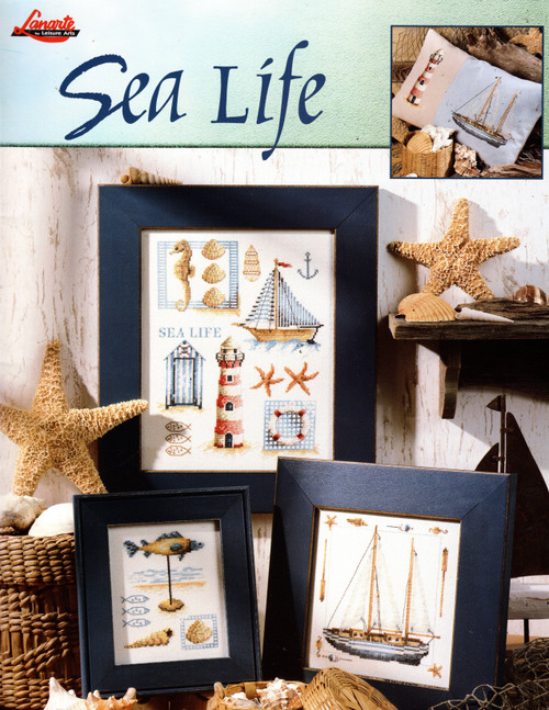 Lanarte Sea Life Leisure Arts Counted Cross Stitch Pattern booklet. Sea Horse Collage, Large Sea Life, Fishing Boats, Mouettes, Sterne, Trumpet Shell, Lighthouse, Sailboat, Chambered Nautilus, Fish Collage, Small Sea Life, Coquille Jacques, Etoile de Mer Starfish
