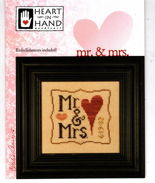 Heart in Hand Mr and Mrs counted cross stitch pattern leaflet with embellishment pack. Cecilia Turner
