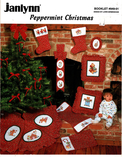 Janlynn Peppermint Christmas counted cross stitch booklet. Lorri Birmingham. Teddy Bear Soldiers, Candy Cane Mouse, Noel Teddy Bear, Teddy and Gingerbread Man, Gingerbread Man with Lollipop, Gingerbread Man with Mouse, Gingerbread House with Mice, Candy Cane and Mice, Joy, Mice and Christmas Candy
