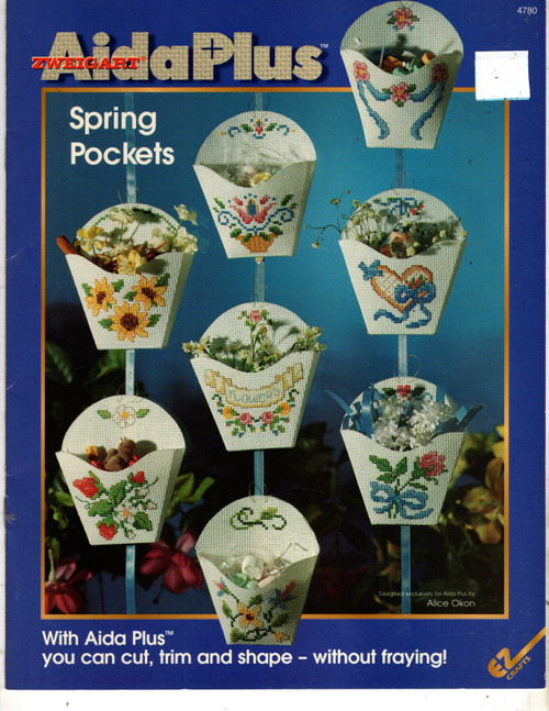 Zweigart Aida Plus Spring Pockets counted Cross Stitch Pattern booklet. English Garden Pocket, Flowers Pocket, Heart Basket Pocket, Rosebud Pocket, Sunflower Pocket, Strawberry Pocket