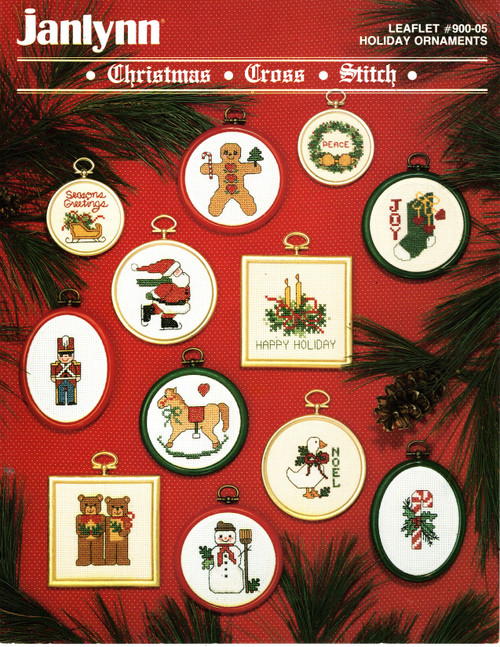 Janlynn Holiday Ornaments counted cross stitch leaflet. Seasons Greetings, Skating Santa, Candy Cane, Gingerbread Cookies, Christmas Bears, Toy Soldier, Noel Goose, Peace Wreath, Rocking Horse, Joy Stocking, Snowman, Happy Holiday