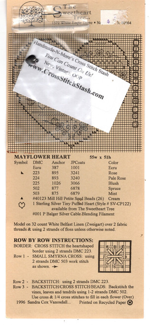 The Sweetheart Tree Mayflower Heart Cross Stitch Pattern leaflet with sterling silver charm