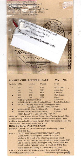 The Sweetheart Tree Flamin Chili Peppers Heart Cross Stitch Pattern leaflet with sterling silver charm.  Sandra Cox Vanosdall.