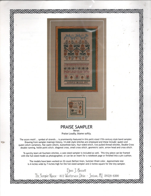 The Sampler House Praise Sampler counted cross stitch chartpack. Eileen Bennett. Stitch count 57w x 115h. Bonus chart Little Acorns Sampler