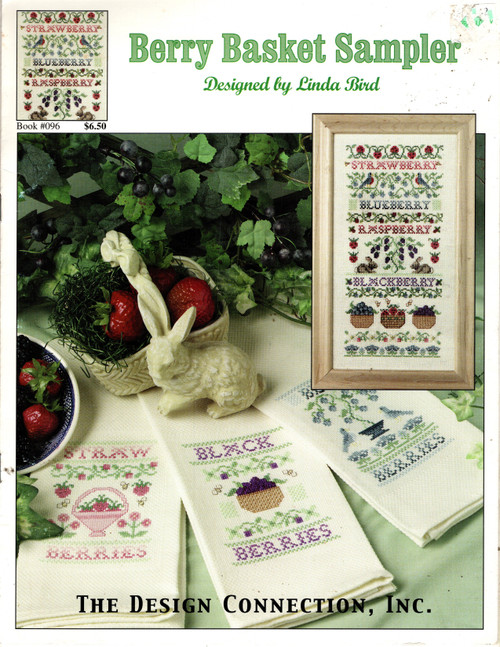 The Design Connection Berry Basket Sampler counted cross stitch booklet. Linda Bird. Strawberry Sampler Towel, Blackberry Sampler Towel, Blueberry Sampler Towel, Berry Basket Sampler.