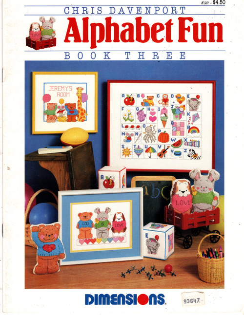 Dimensions Alphabet Fun counted cross stitch booklet. Book Three. Chris Davenport. God is Love, ABC Sampler, Room Sign, Train