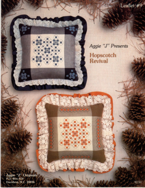 Aggie J Presents Hopscotch Revival Cross Stitch Pattern leaflet. Large design in brown and blue color scheme, Side Border, Corner Square Graph.