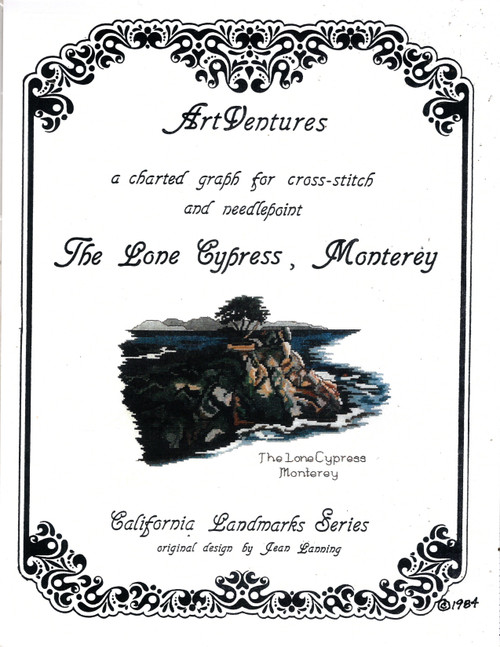 Art Ventures The Lone Cypress, Monterey California Landmark Series counted cross stitch and needlepoint pattern. Jean Lanning