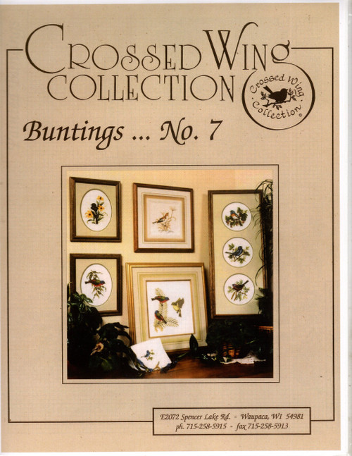 Crossed Wing Collection Buntings No. 7 Counted cross stitch pattern chartpack. Painted Bunting, Lark Bunting, Snow Butning, Indigo Bunting, Lazuli Bunting, Varied Bunting