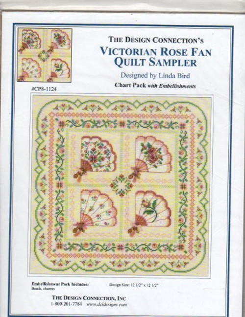 The Design Connection Victorian Rose Fan Quilt Sampler counted cross stitch chartpack with embellishments. Bead and charm embellishment pack