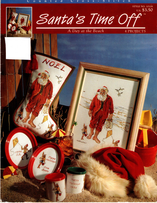 Alida Industries Santa's Time Off A Day At the Beach counted cross stitch leaflet. Adapted from artwork by Tom Browning. Stocking, alphabet for personalization Alida Industries Santa's Time Off A Day At the Beach counted cross stitch leaflet. Adapted from artwork by Tom Browning. Stocking, alphabet for personalization
