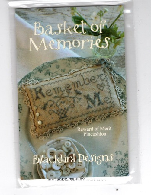 Blackbird Designs Basket of Memories Reward of Merit Pincushion counted Cross Stitch Pattern chart. Barb Adams.